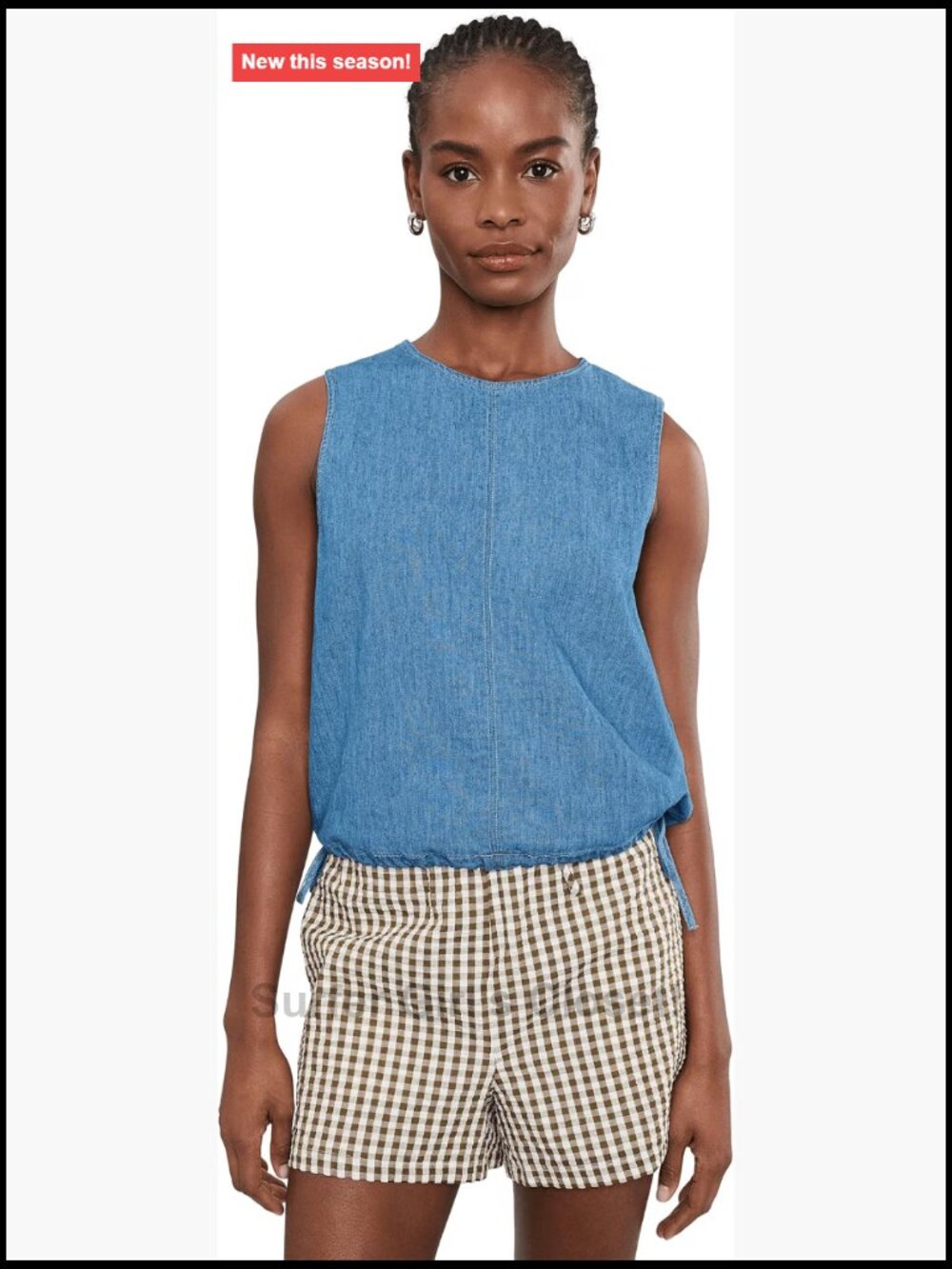 Denim Cinched Crop Shell Top Cotton Blend Sleeveless Crew Neck